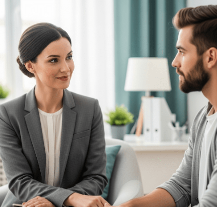 Female chaplain in session with a patient.